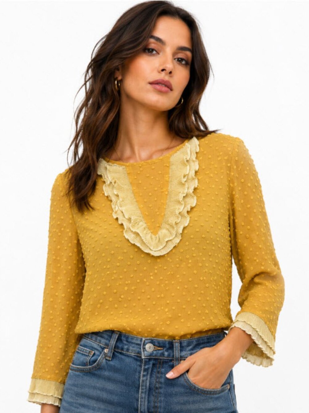 MEILING Fashion Mustard Yellow Ruffle Top